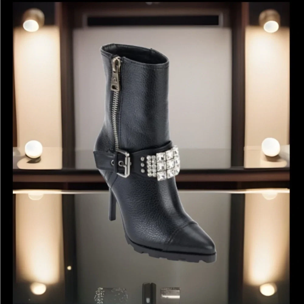 Karl Lagerfeld Mable Lug-Sole Heeled Black Boot W/Crystal & Polished Studs Strap